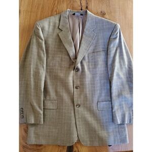 Jos A Bank Sport Coat Blazer Mens 44R Brown Silk Blend Wool Linen Plaid 3 Button